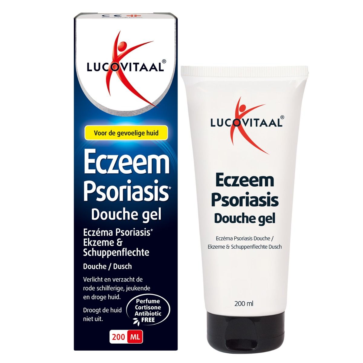 Twee producten: fles en tube. Opschrift: Eczeem Psoriasis Douche gel. Logo Lucovitaal. 200 ml.