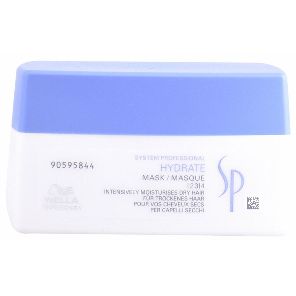 Wit en blauw potje. Opschrift: Hydrate Mask, Wella Professionals logo, SP logo, meertalige tekst.