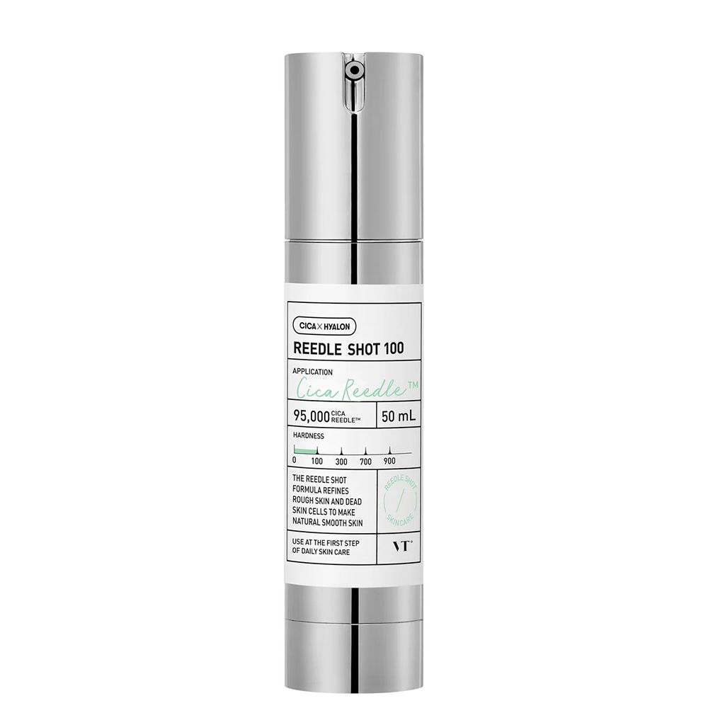 VT COSMETICS Reedle Shot 100 Serum: Zilveren pompfles met wit etiket, 50 ml.