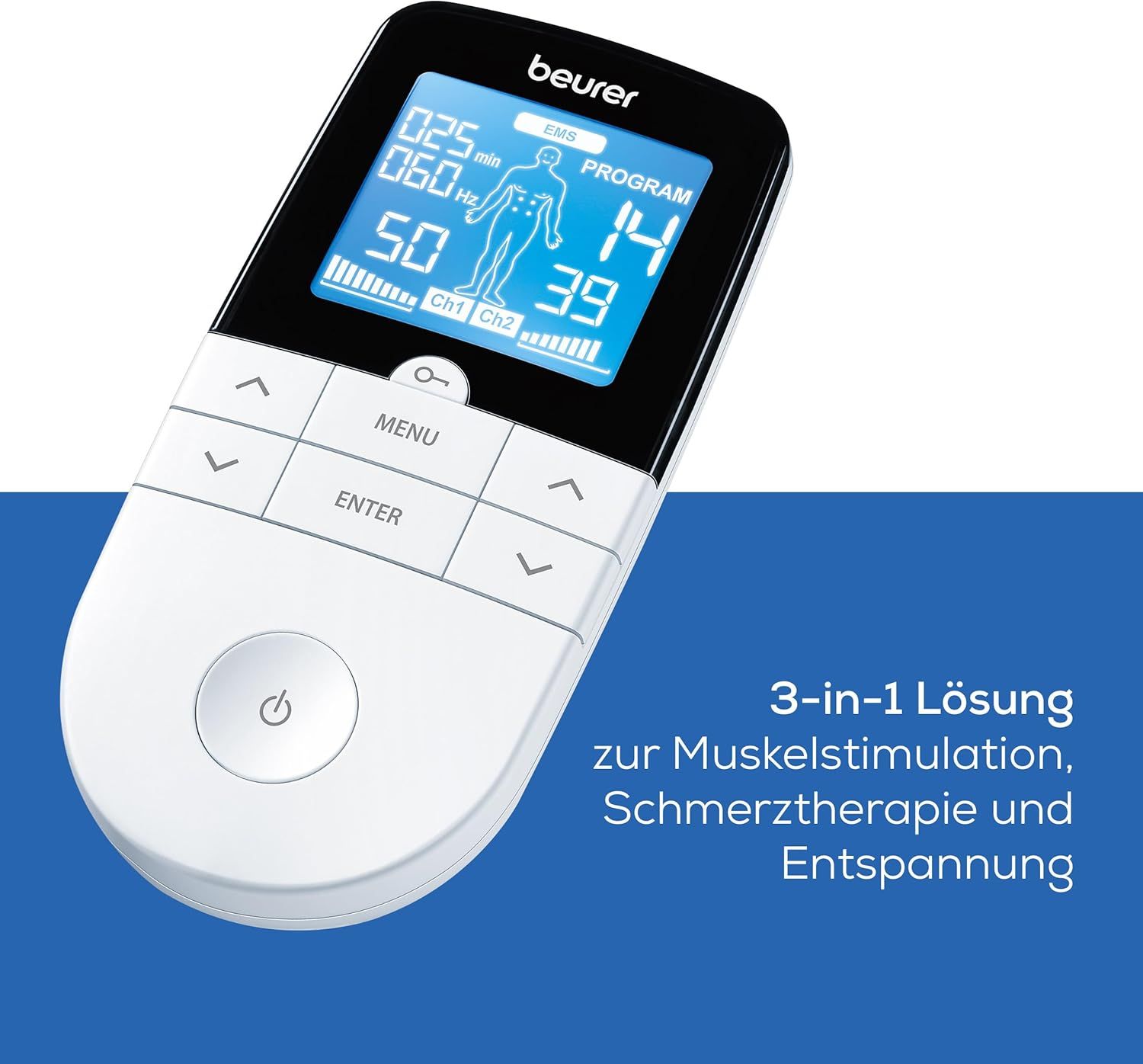 Appareil blanc avec écran et boutons. Texte: Solution 3-en-1 pour stimulation musculaire, thérapie de la douleur et relaxation. Marque: beurer.