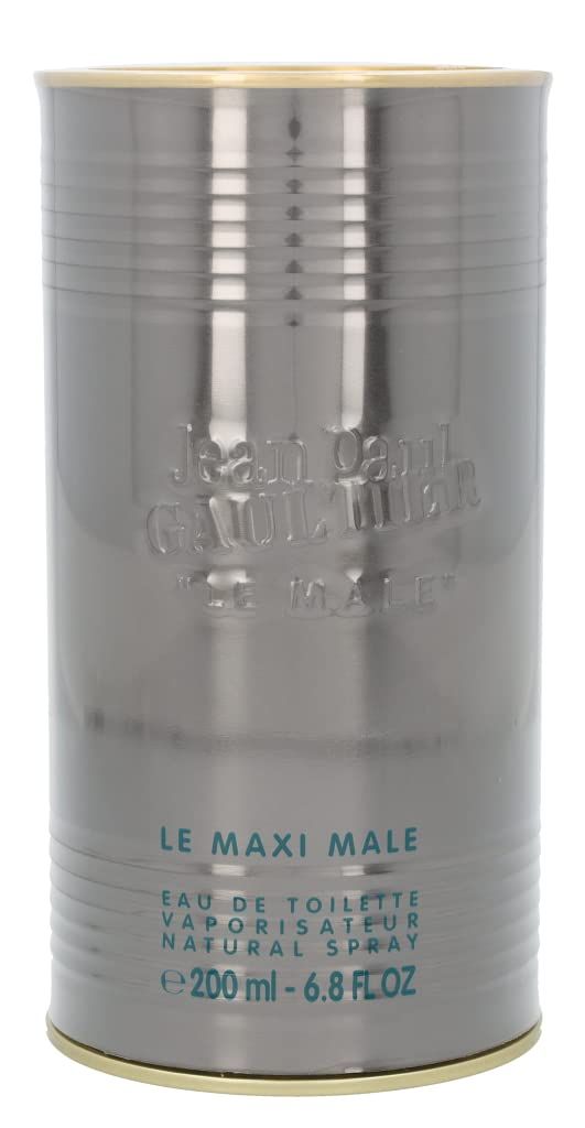 Boîte cylindrique avec inscription "Jean Paul Gaultier LE MALE". Texte : "LE MAXI MALE", "Eau de Toilette", "200 ml".