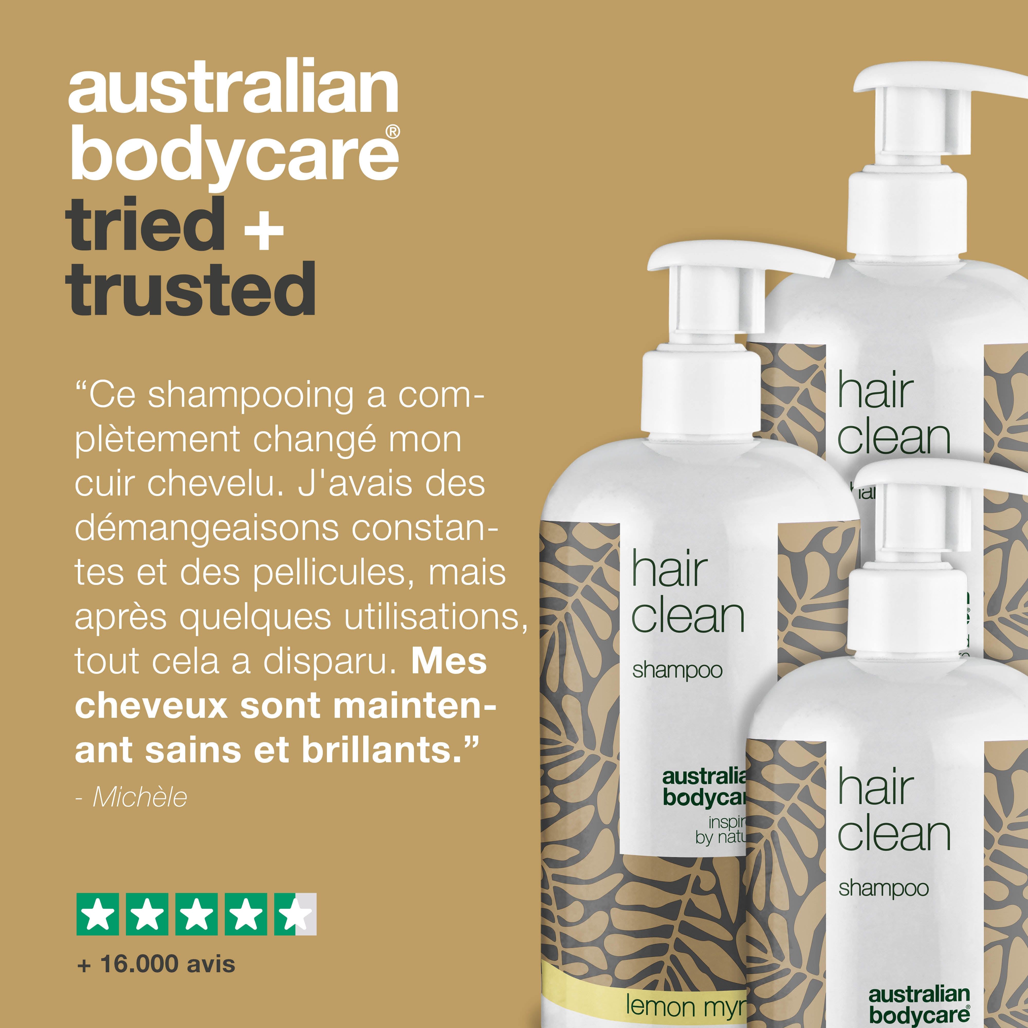 Australian Bodycare. Fiable. Trois flacons de shampooing. Citation sur cuir chevelu, brillance. 5 étoiles.