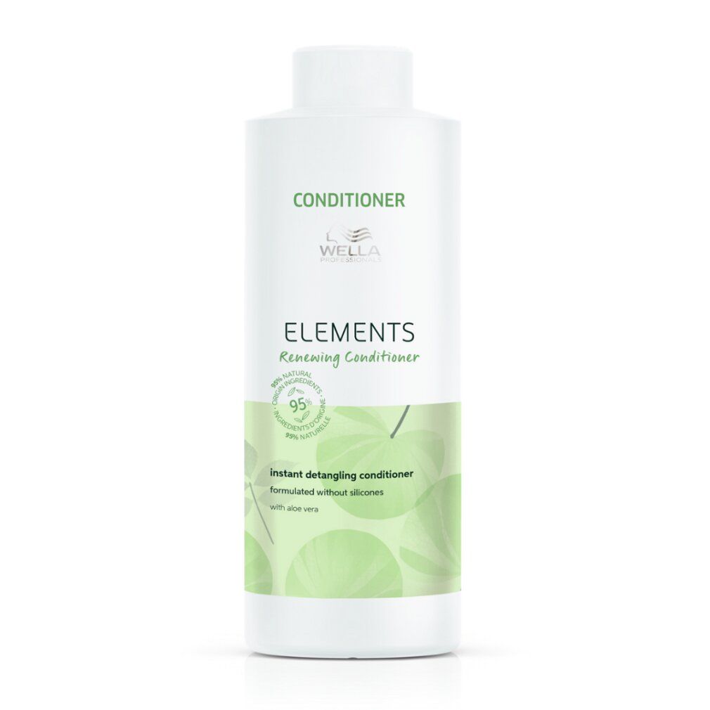 Flacon blanc avec motif de feuilles vertes. Inscription: CONDITIONER, ELEMENTS, Renewing Conditioner, 95% Natural.
