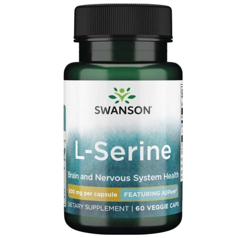 Groene fles met zwarte dop. Opschrift: SWANSON L-Serine, 500 mg per capsule. Voedingssupplement met 60 capsules.