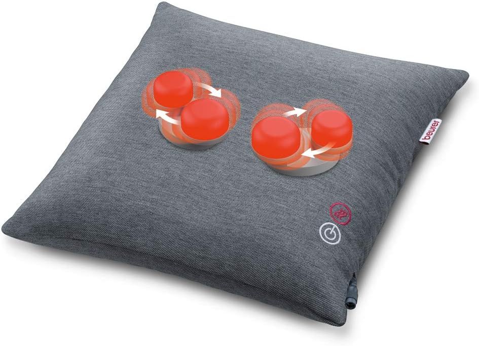 Coussin de massage gris avec deux têtes de massage rouges rotatives et des flèches indiquant le mouvement. Logo Beurer sur l'étiquette.