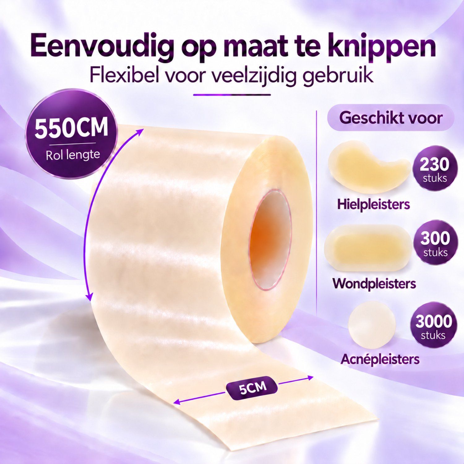Leiqier hydrocolloïd rol, 5 cm x 3,65 m. Beschermt terwijl huid herstelt.