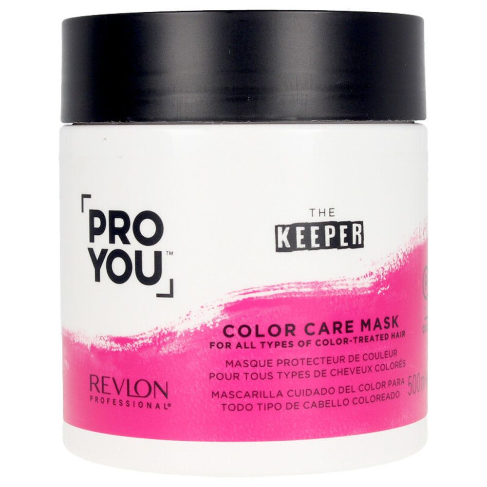 Pot blanc à couvercle noir. Inscription: Pro You, The Keeper, Color Care Mask. Dégradé rose. 500ml.