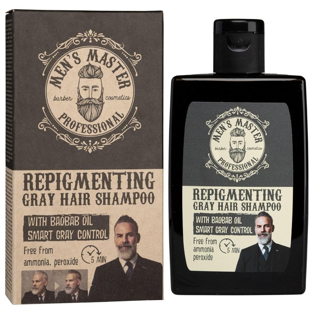 Flacon et boîte noirs avec impression du produit. Contient Repigmenting Gray Hair Shampoo. Avec huile de baobab et Smart Gray Hair Control.