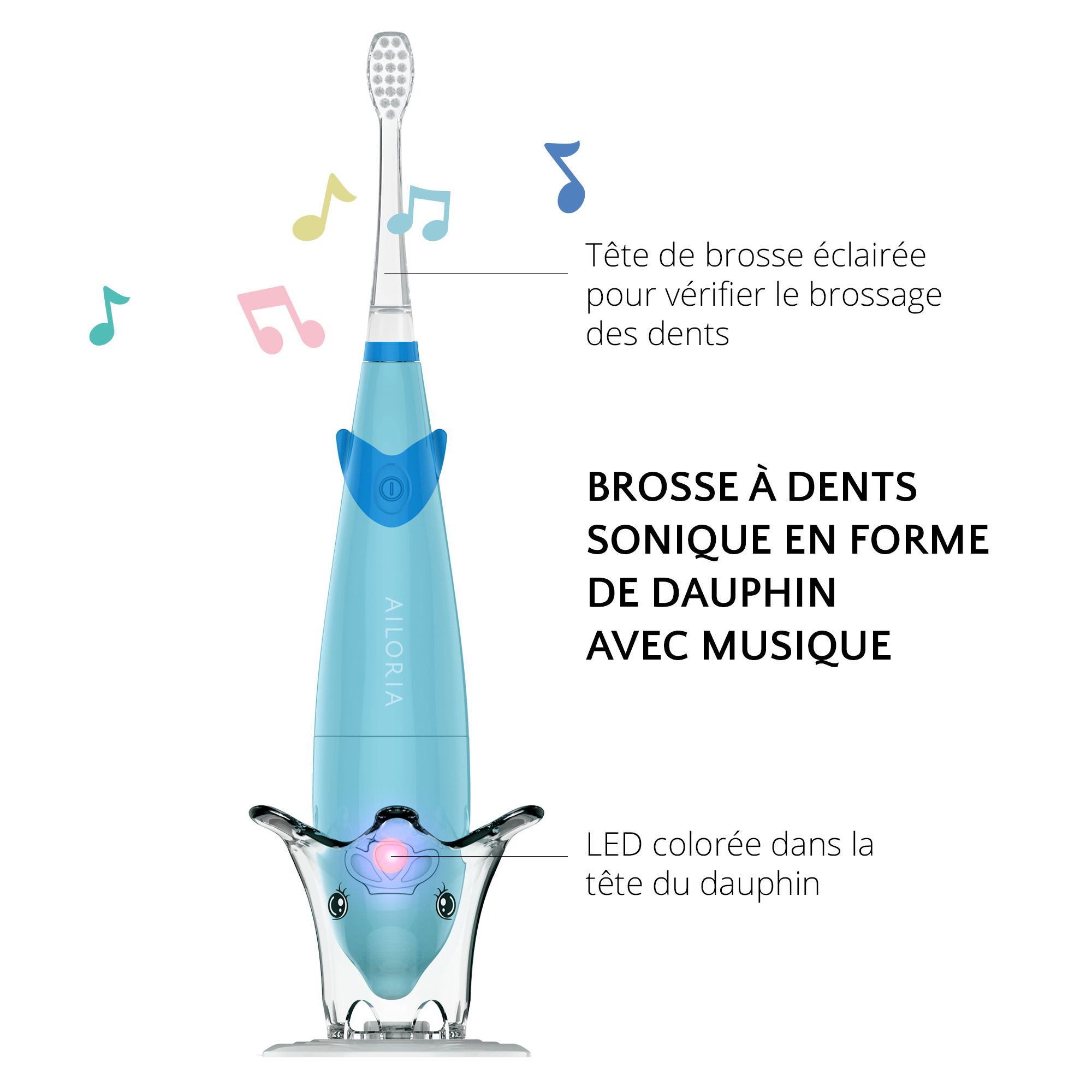 Brosse à dents électrique bleue avec support. Texte: Brosse à dents sonique en forme de dauphin avec musique.