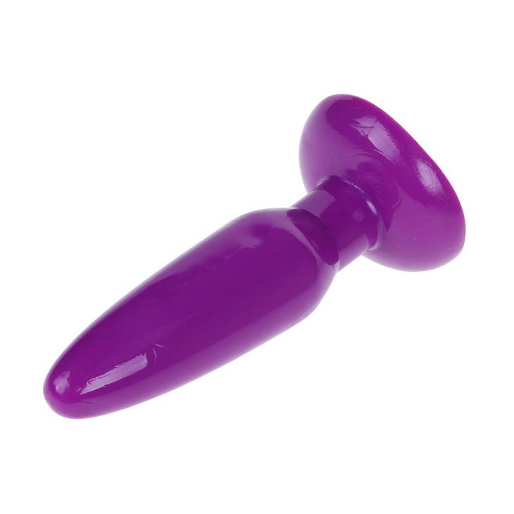 Petit plug anal violet en matière lisse, vu de côté.