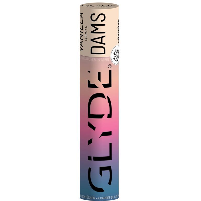 Emballage cylindrique. Inscription : GLYDE DAMS, VANILLA. Texte : 4 feuilles de latex.