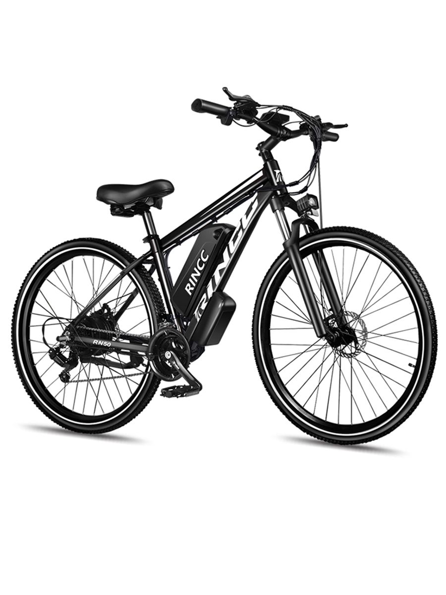 Zwarte Rincc R200 e-bike, zijaanzicht. Accu op frame, profielbanden. Rincc-logo zichtbaar.