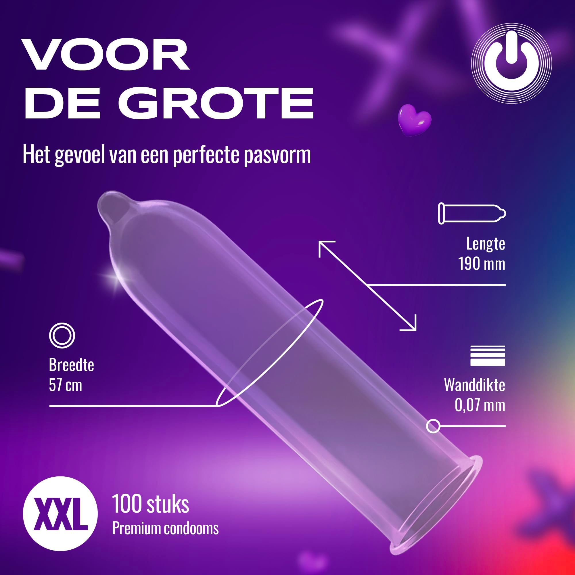Een ON) condoom, maat XXL, transparant, 190mm lang, 57mm breed, 0,07mm dik.