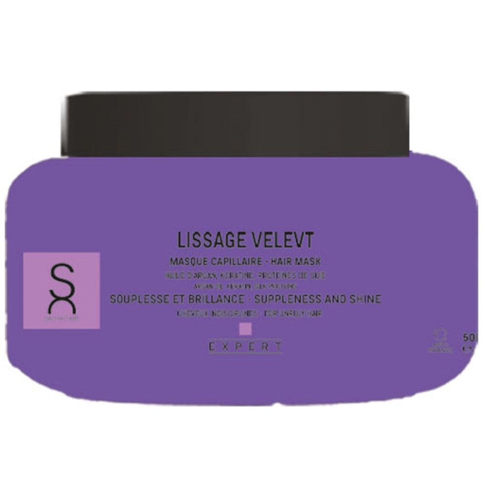 Pot violet avec couvercle noir. Inscription: Lissage Velvet Masque Capillaire. Logo: Sacha Care.