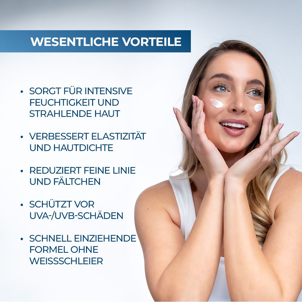 Femme avec crème sur le visage. Texte : hydratation, peau éclatante, élasticité, réduit les rides, protection UVA/UVB, absorption rapide.