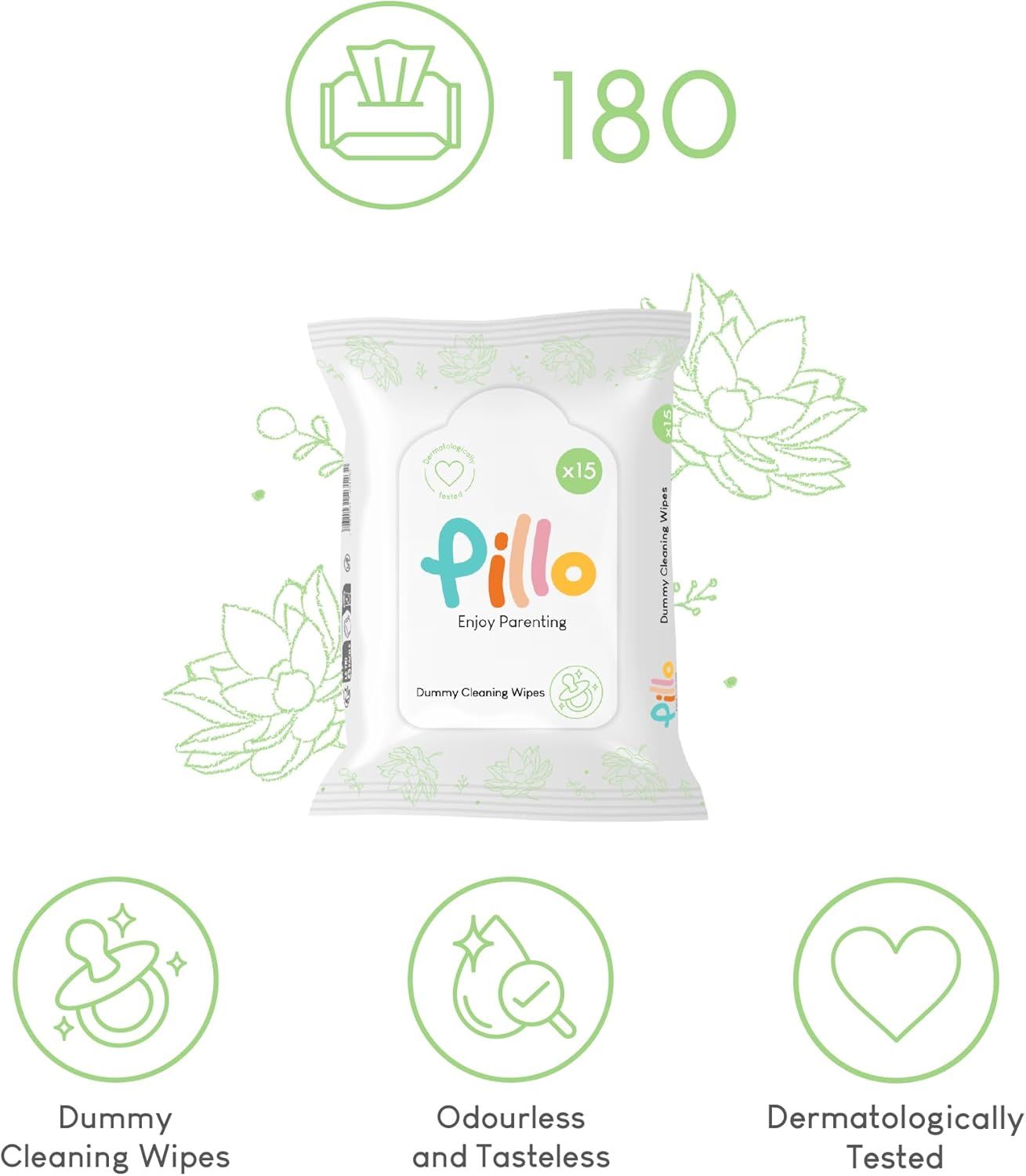 Enkele verpakking Pillo-doekjes voor fopspenen. Witte verpakking met logo, bloemmotief en iconen. 15 doekjes per pakje.