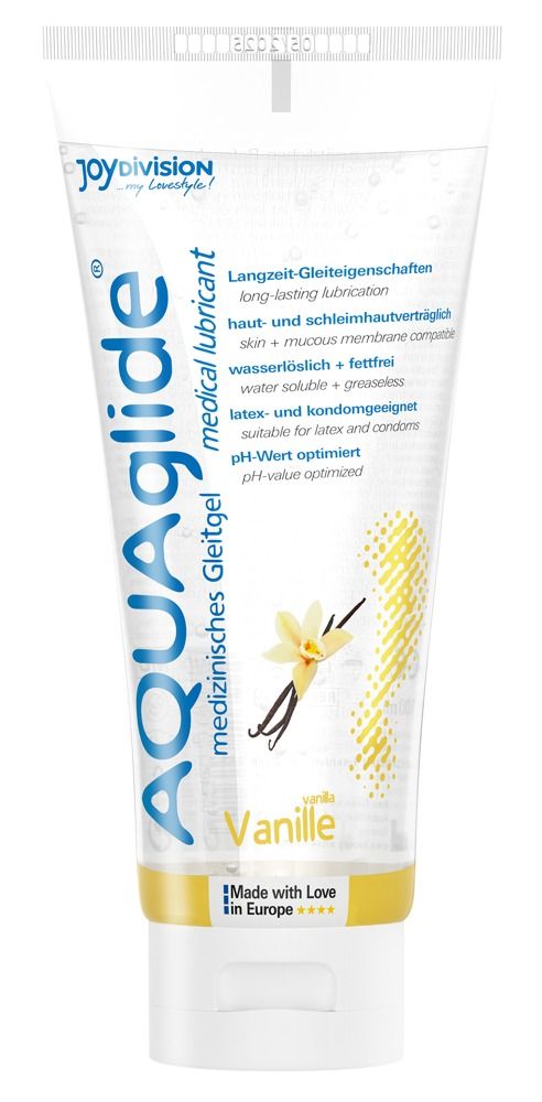 Lubrifiant médical AQUAglide Vanille en tube. Contient fleur et gousses de vanille. Texte: propriétés lubrifiantes longue durée, soluble dans l'eau, pH optimisé.