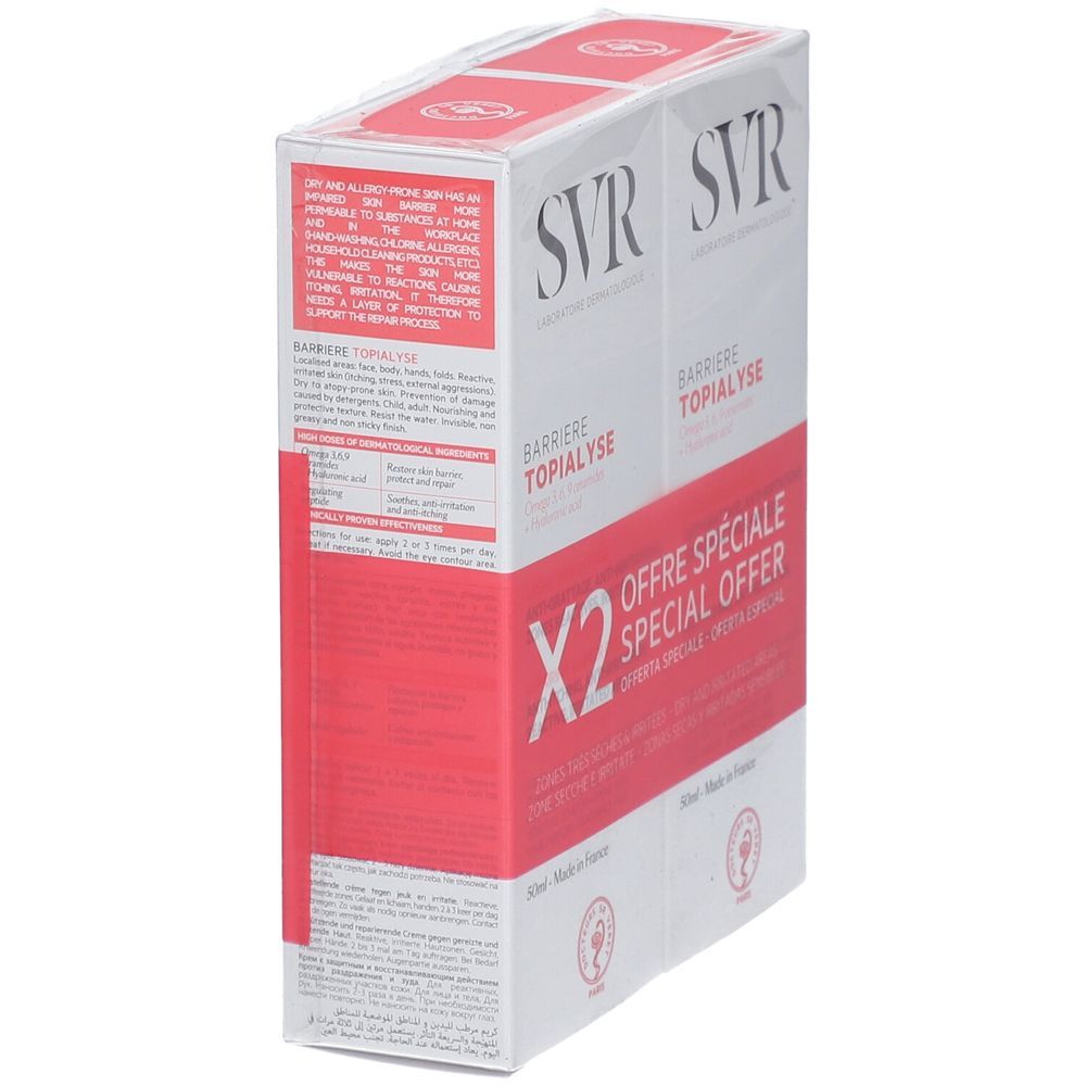 SVR Barrière Topialyse duopack, schuine weergave. Witte en rode verpakking. Productnaam en logo zichtbaar. "X2" en "Offre Spéciale".