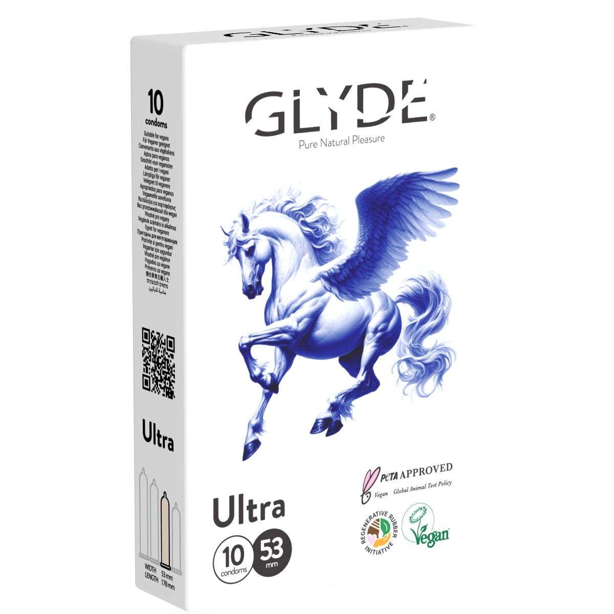 Verpakking van 10 Glyde Ultra condooms, 53mm breed, met Pegasus-afbeelding.