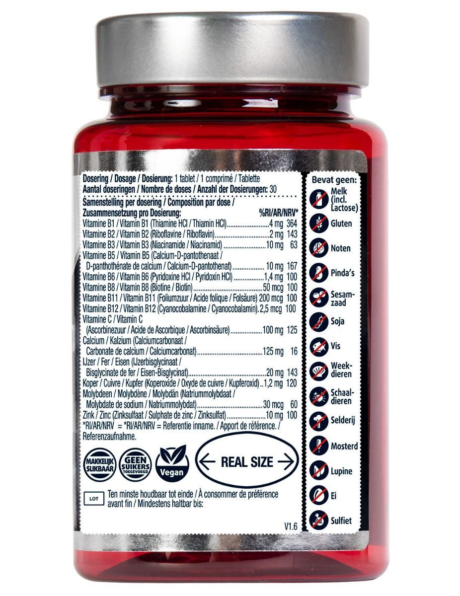 Achterkant rode tablettenfles. Ingrediëntenlijst, voedingswaarde, Vegan-keurmerk, Real Size.