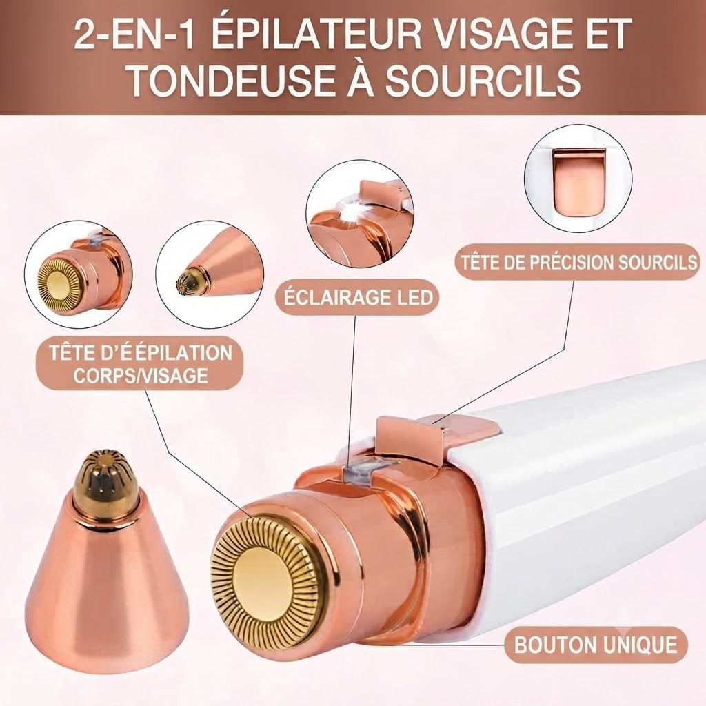 Un épilateur visage et tondeuse à sourcils 2-en-1 or rose avec têtes interchangeables et lumière LED.