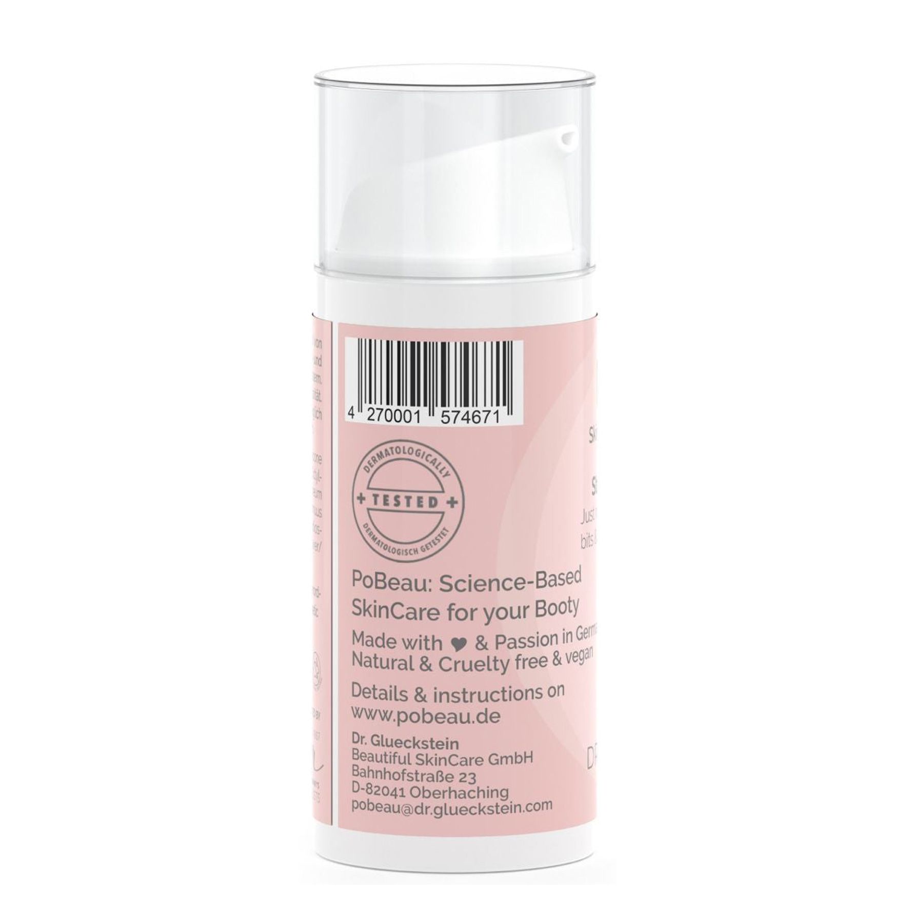 Dos du flacon rose. Code-barres. Texte : Pobeau, Science-Based SkinCare. Logo : cœur. Testé.