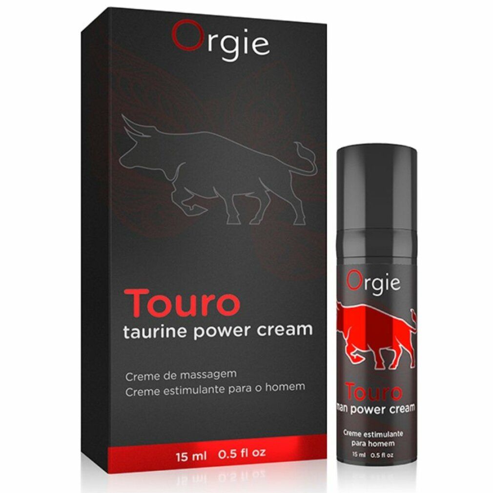 Zwarte verpakking en fles. Rode stierenkop en productnaam. Tekst: Touro, ingrediënten. Merk: Orgie.