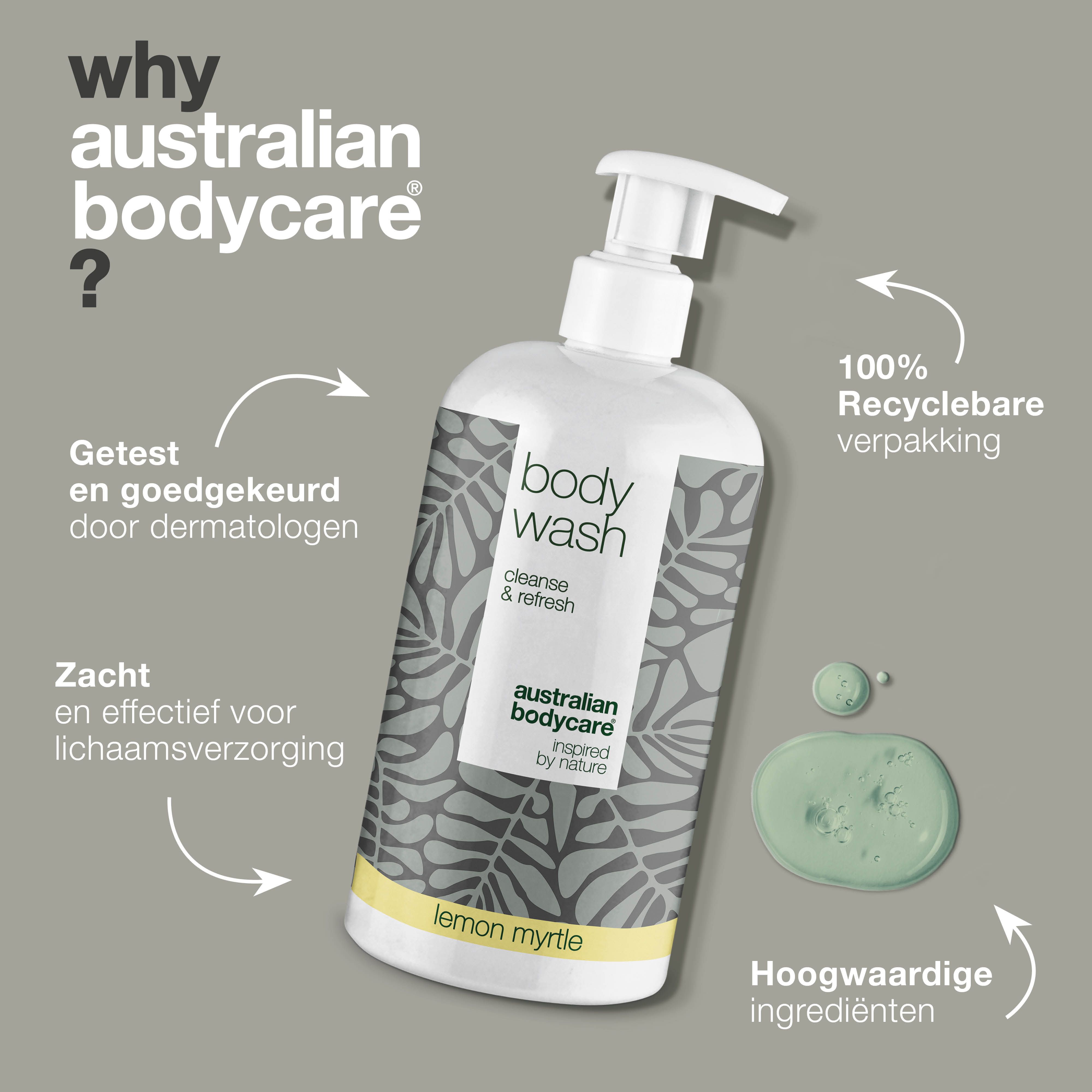 Body Wash fles met pomp. Tekst: Waarom Australian Bodycare? Getest, zacht, ingrediënten, verpakking.