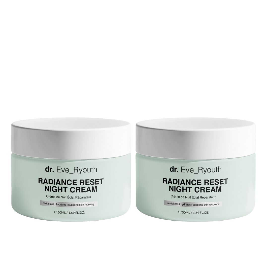 Deux pots ronds à couvercle blanc. Inscription : Dr. Eve_Ryouth Radiance Reset Night Cream. Étiquettes vert menthe.