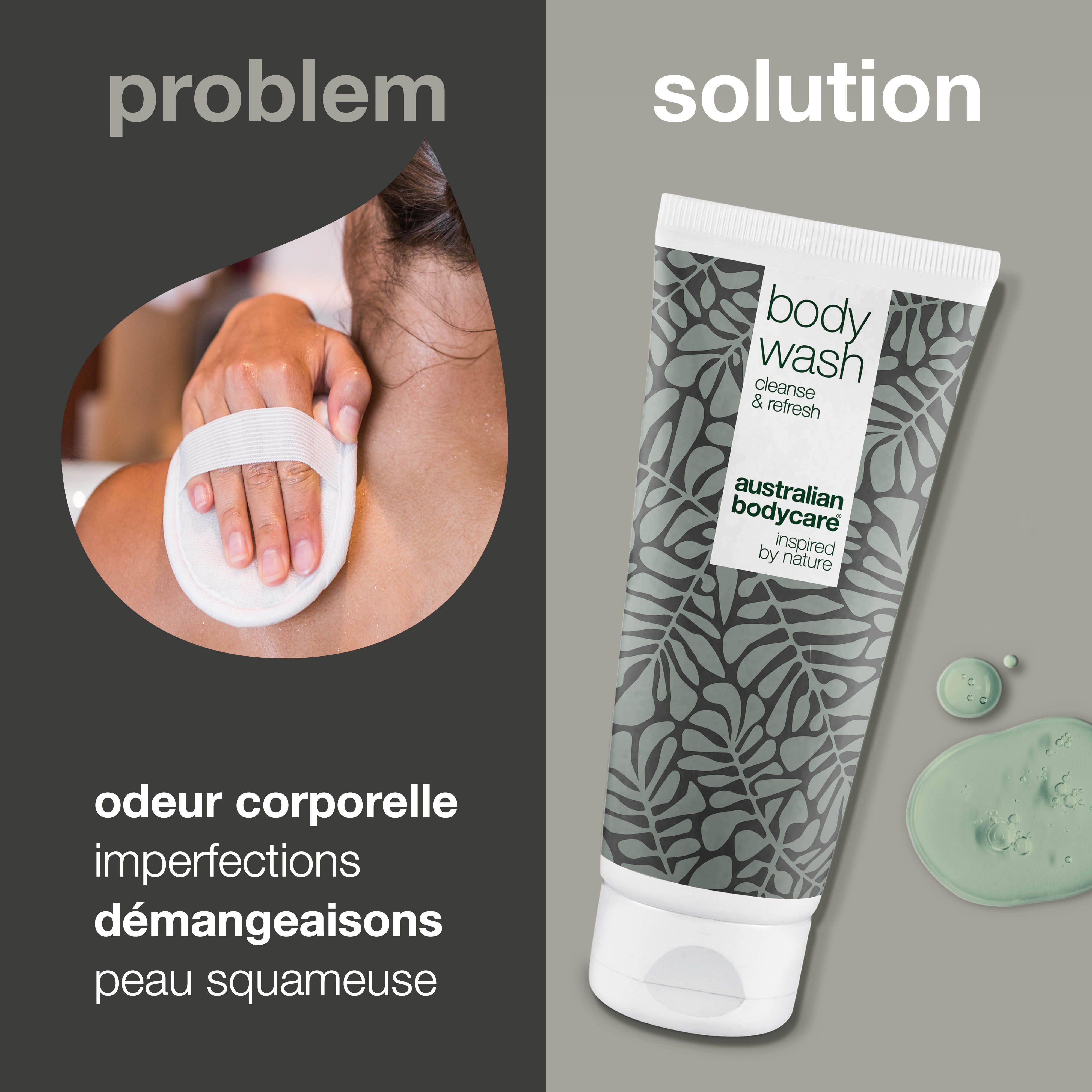 Comparaison : problème et solution. Tube avec inscription "Body Wash". Marque : Australian Bodycare.