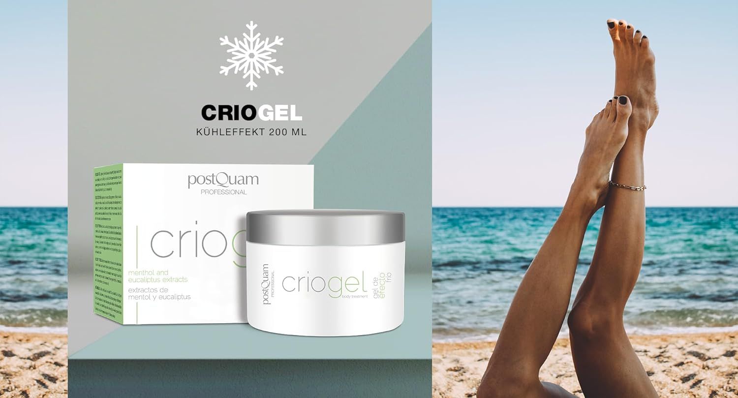 Produit avec emballage et jambes sur la plage. Inscription 'criogel' et 'PostQuam'. Effet froid 200 ml.