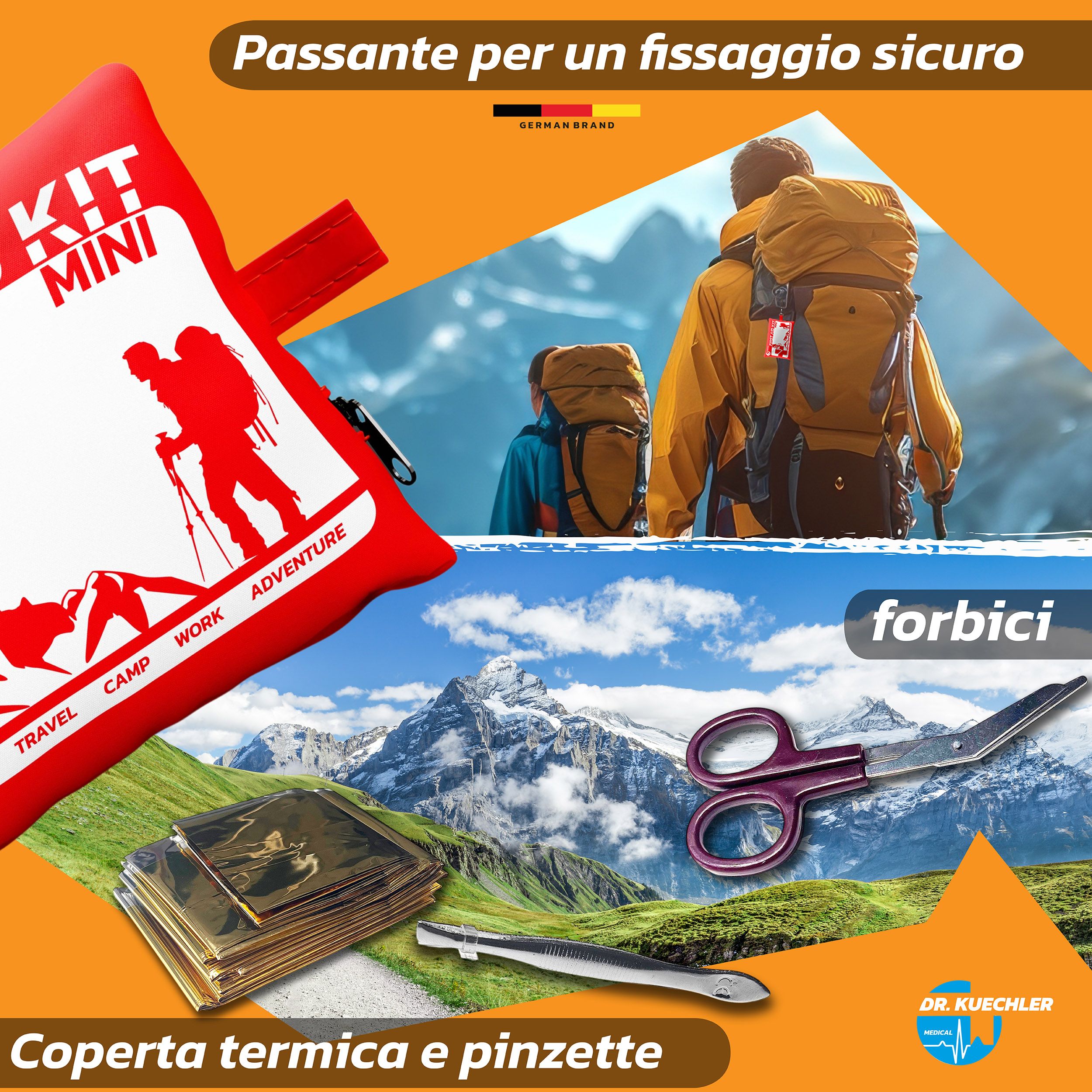 Trousse de premiers secours rouge avec boucle. Contient ciseaux, couverture de survie et pince à épiler. Paysage.
