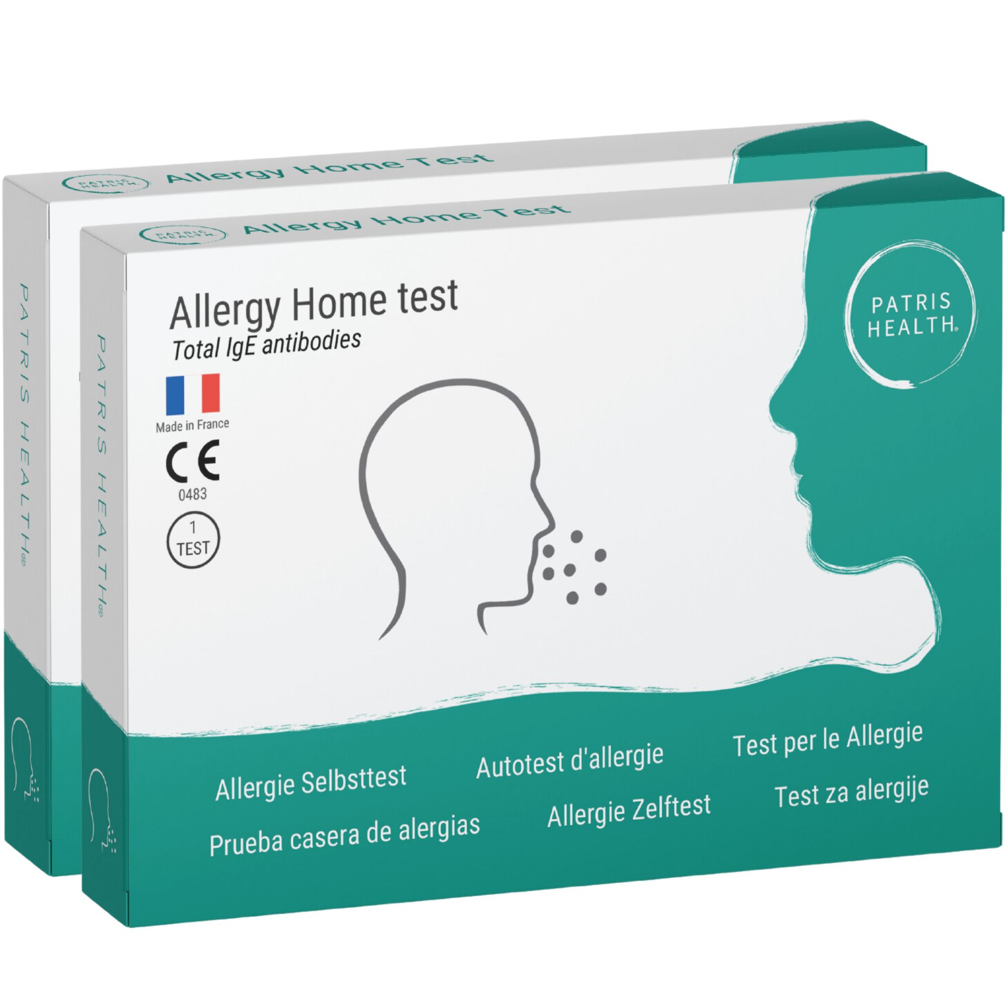 Deux boîtes de test d'allergie. Boîtes blanches avec nom du produit, logo et illustration.