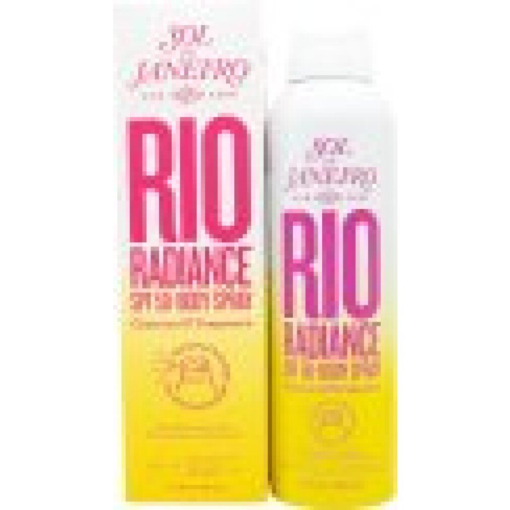 Emballage produit avec flacon spray et carton. Tous deux affichent "RIO RADIANCE" et "SPF 50-Body Spray". Marque: Sol de Janeiro.