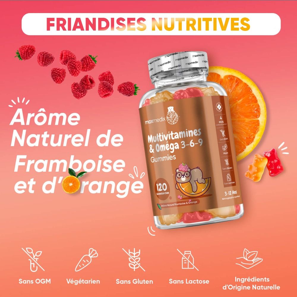 Bouteille de gummies multivitamines. Texte : Arôme naturel de framboise et d'orange. Sans OGM, végétarien, sans gluten, sans lactose.