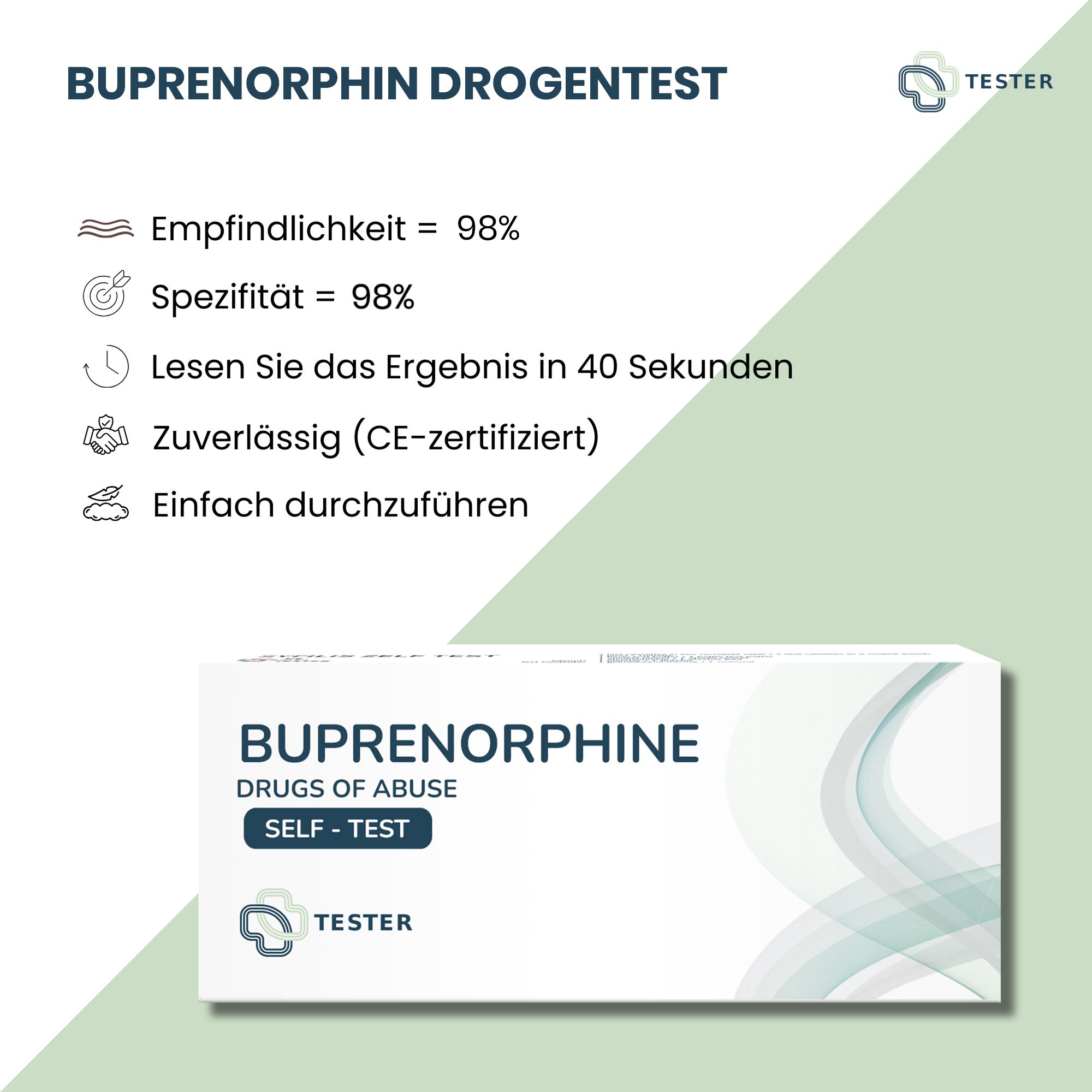 Emballage du test de dépistage de la buprénorphine. Texte avec informations : Sensibilité 98%, Spécificité 98%, résultat en 40 secondes, fiable (certifié CE), facile.