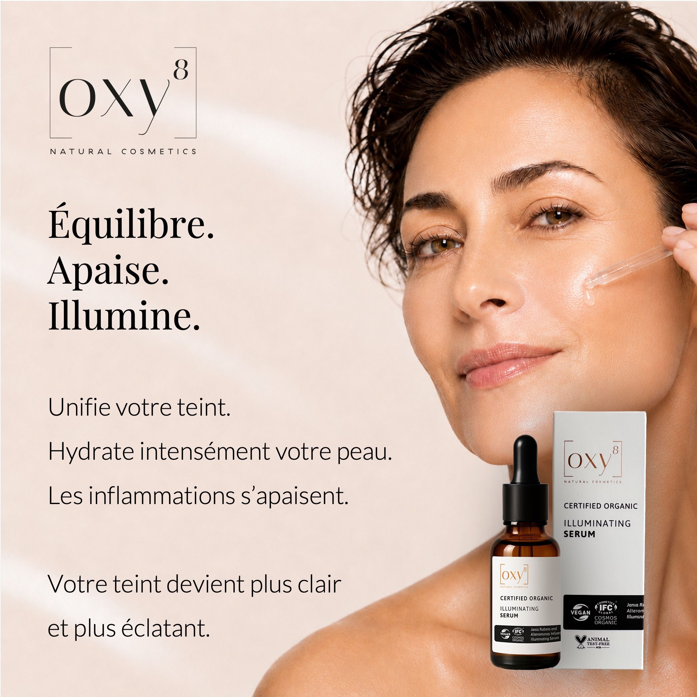 Femme avec sérum illuminateur OXY8, soin de la peau.