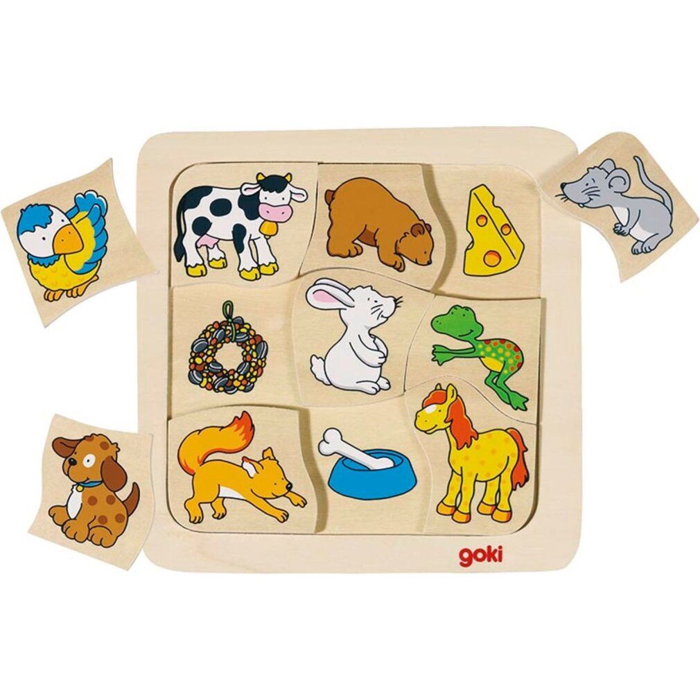 Puzzle en bois avec animaux et nourriture. Forme carrée, 9 pièces et cadre. Logo Goki en bas à droite.