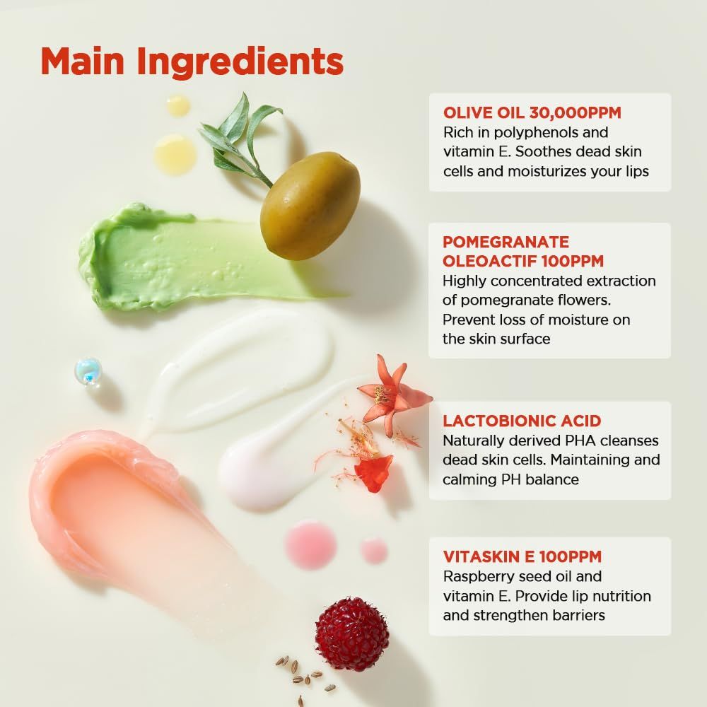 Ingrédients principaux : Huile d'olive, grenade, acide lactobionique, Vitaskin E. Texte : « Main Ingredients ».