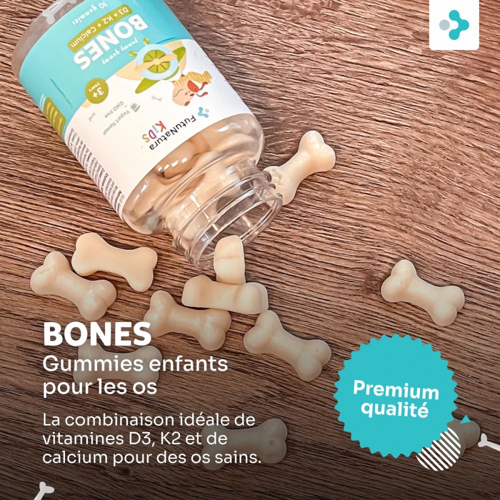 Flacon FutuNatura Bones Gummies et bonbons gélifiés en forme d'os sur bois. Texte: Bonbons gélifiés pour enfants pour les os.