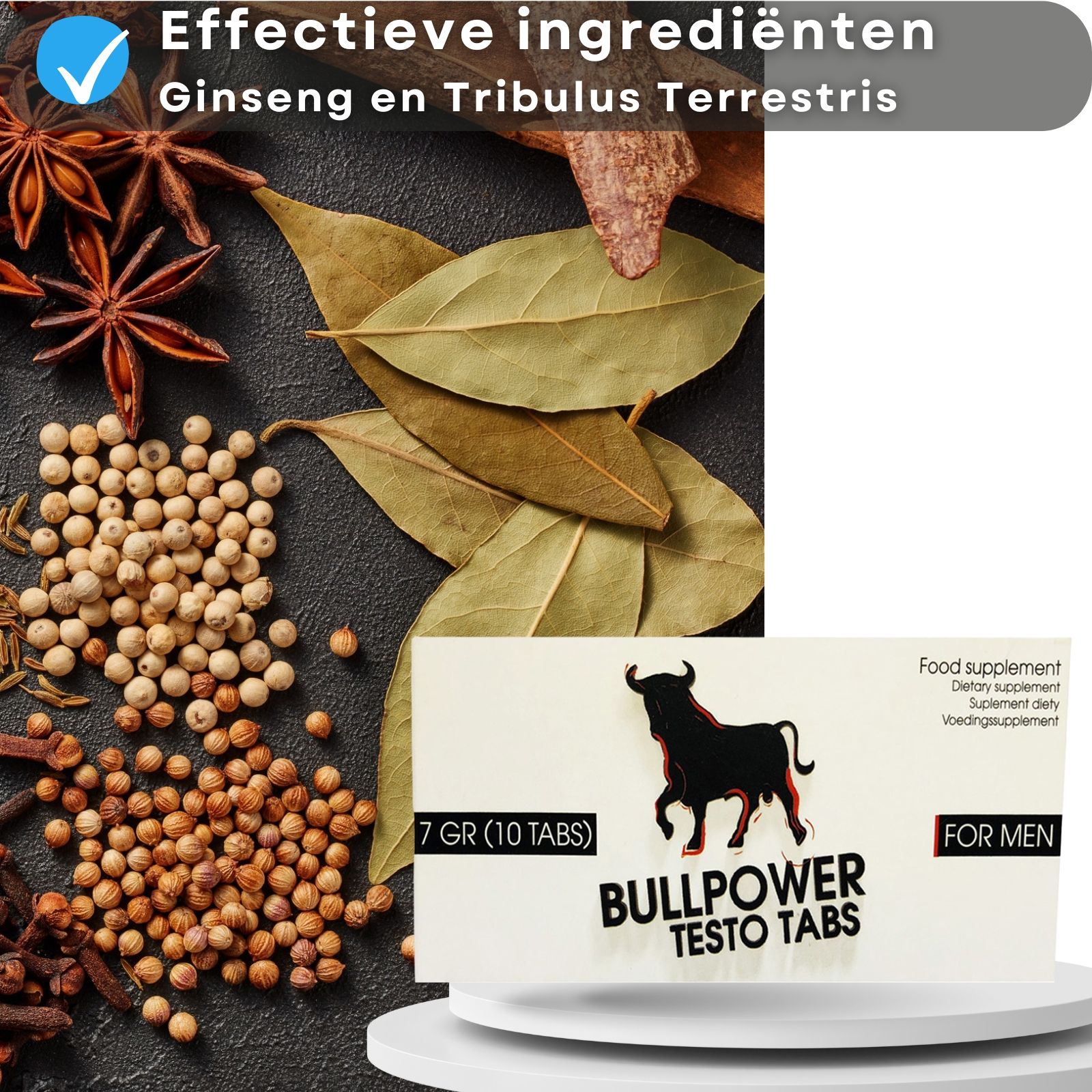 Diverse kruiden en doos met opschrift: Bullpower Testo Tabs, FOR MEN.