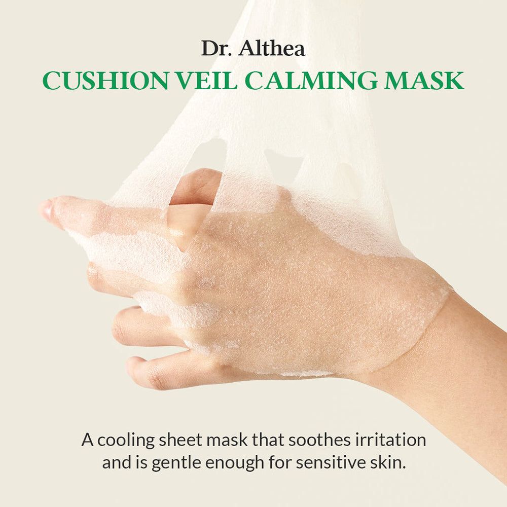 Dr. Althea Cushion Veil kalmerend masker: Een verkoelend sheetmasker dat irritatie kalmeert.