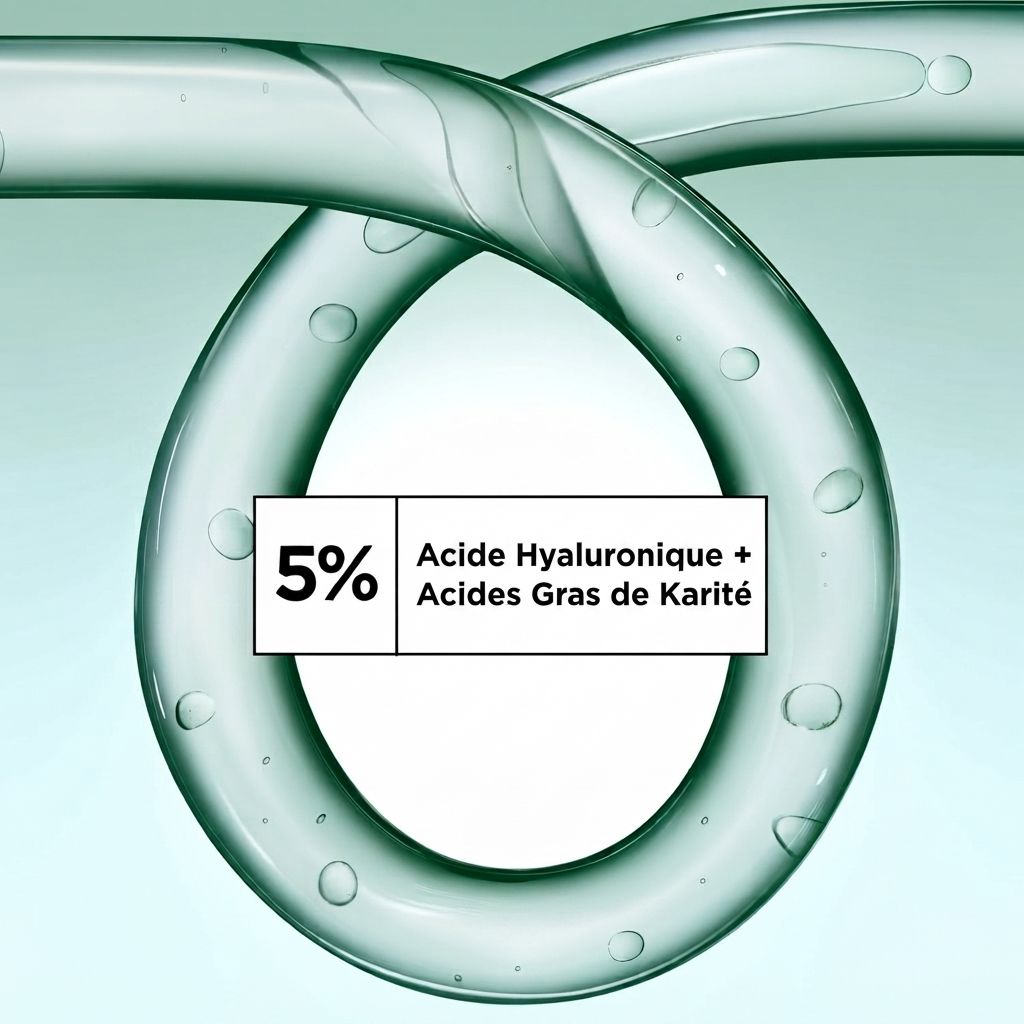 5% Acide Hyaluronique + Acides Gras de Karité dans un liquide transparent.