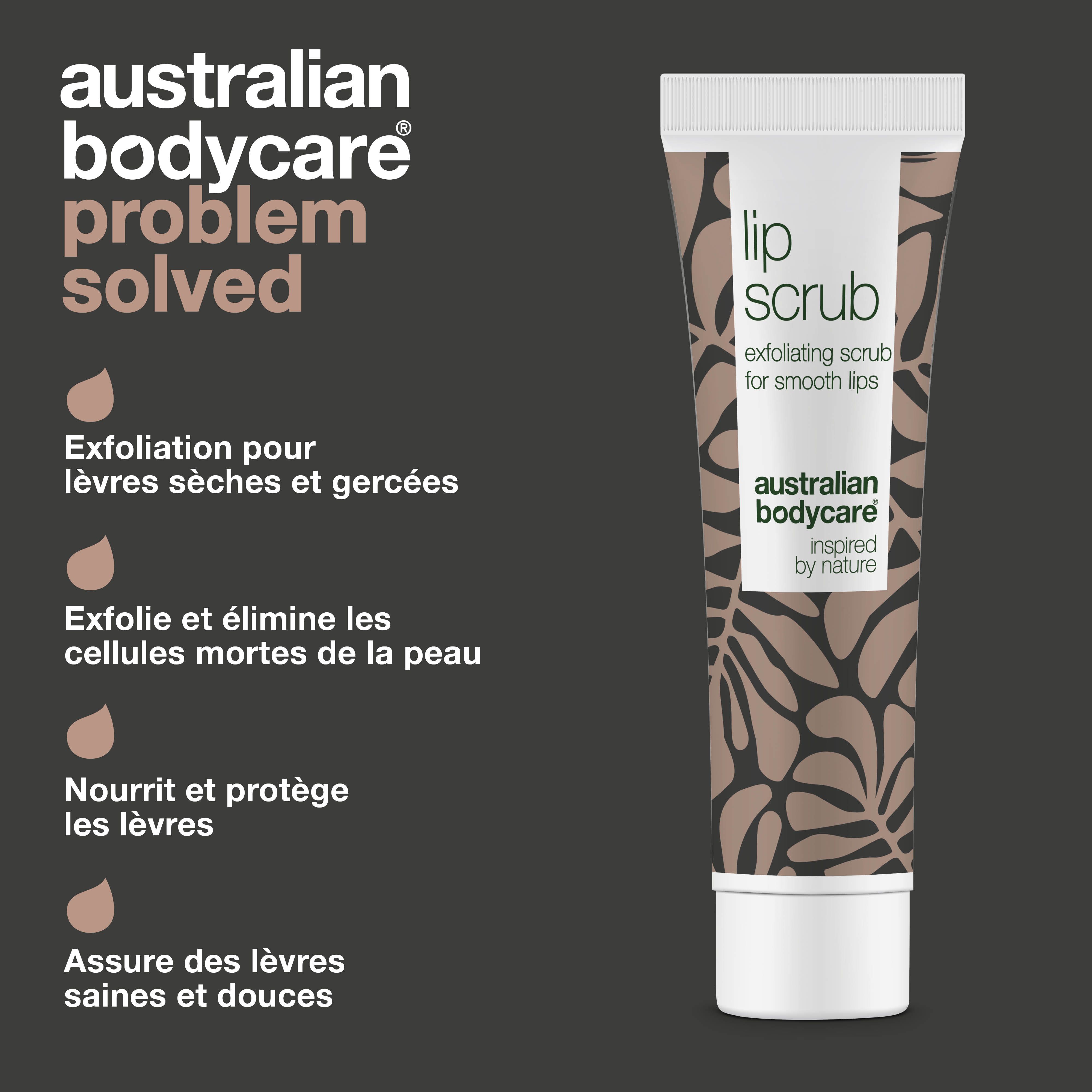 Tube de gommage pour les lèvres, motif marron, bouchon blanc. Texte : Australian Bodycare, Lip Scrub, problème résolu.