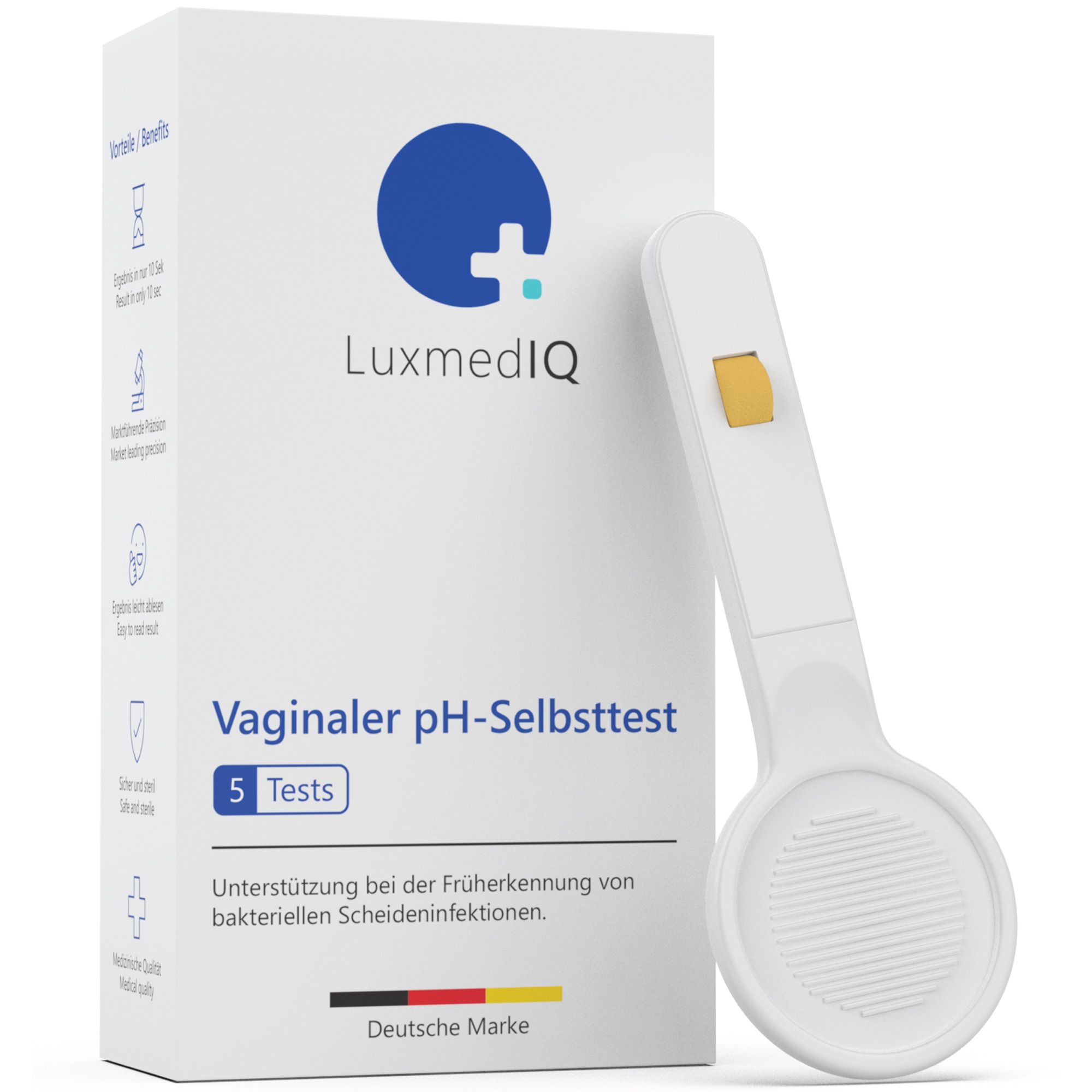 Boîte blanche avec informations sur le produit et logo. Applicateur blanc à côté. Texte: 5 tests, Marque allemande.