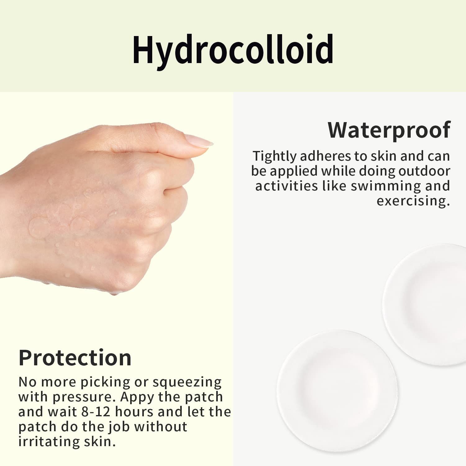Main avec deux patchs ronds. Texte: Hydrocolloïde, imperméable, protection.