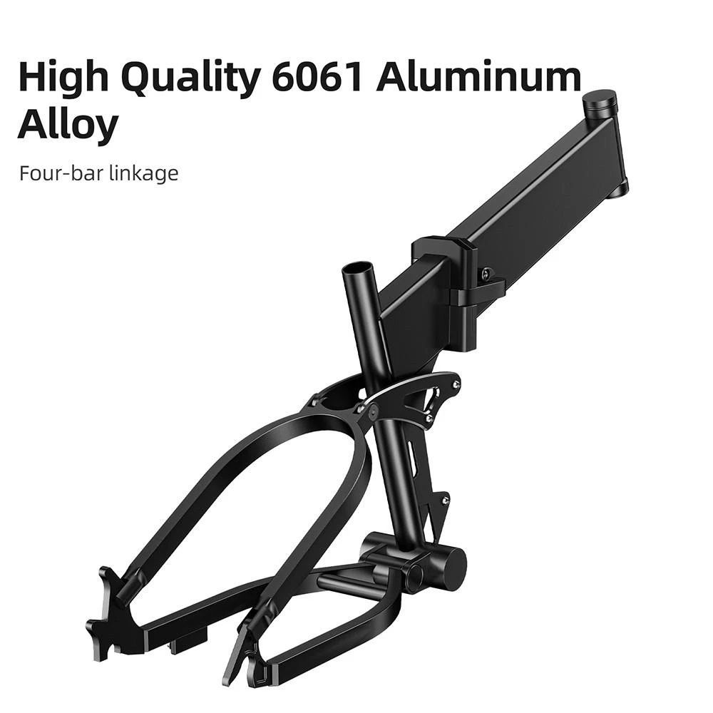 Cadre noir en alliage d'aluminium. Texte : High Quality 6061 Aluminum Alloy. Four-bar linkage.