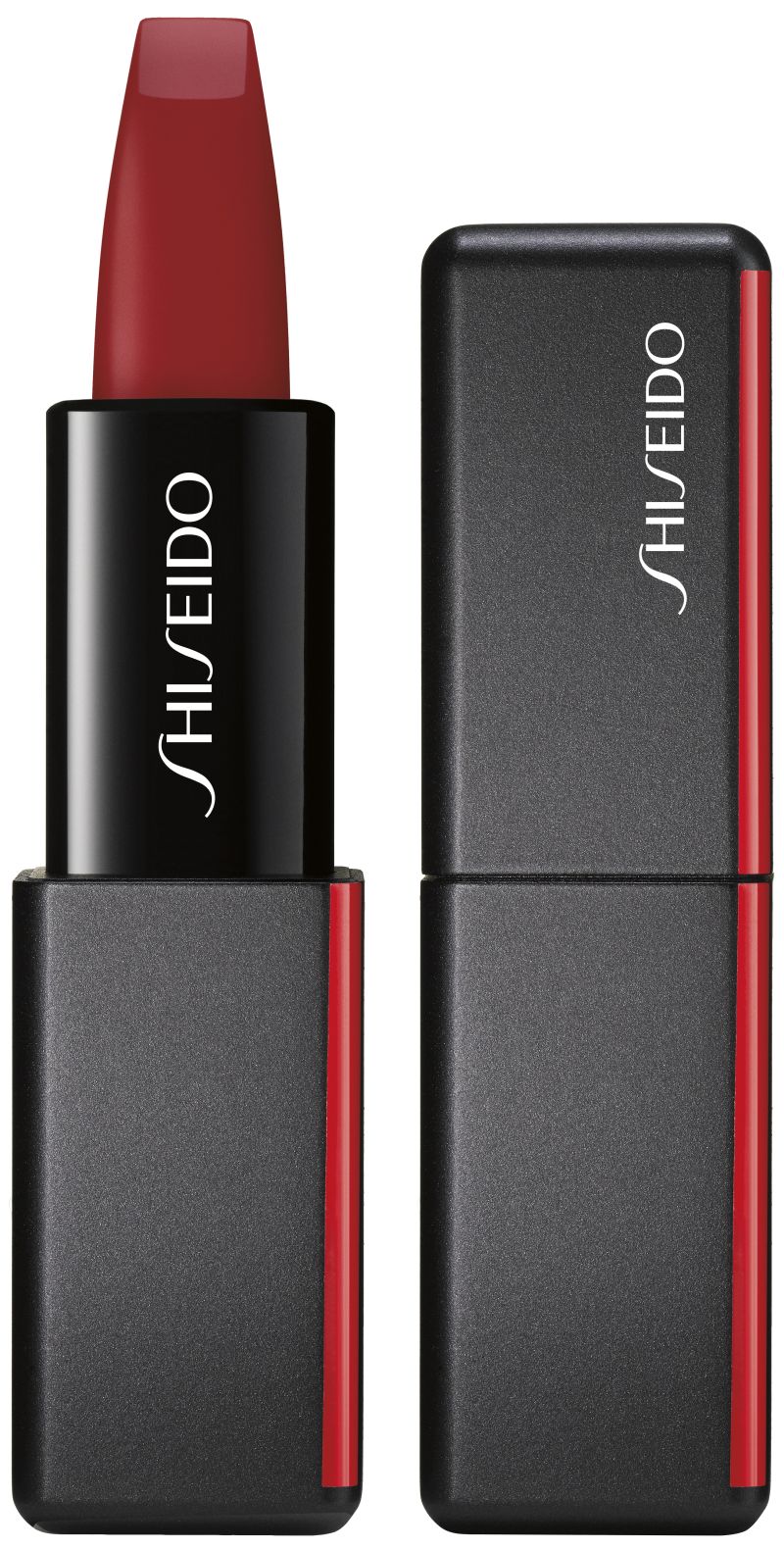 Rode lipstick in zwarte huls met rode streep. Merk Shiseido.