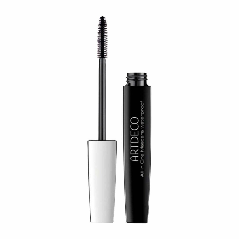 Tube de mascara noir avec manche blanc et brosse. Inscription : ARTDECO All in One Mascara waterproof.