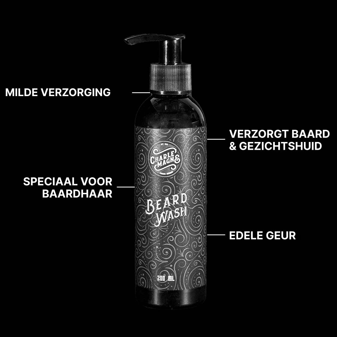 Fles baardwas met pompdosering en tekstuele aanduidingen.
